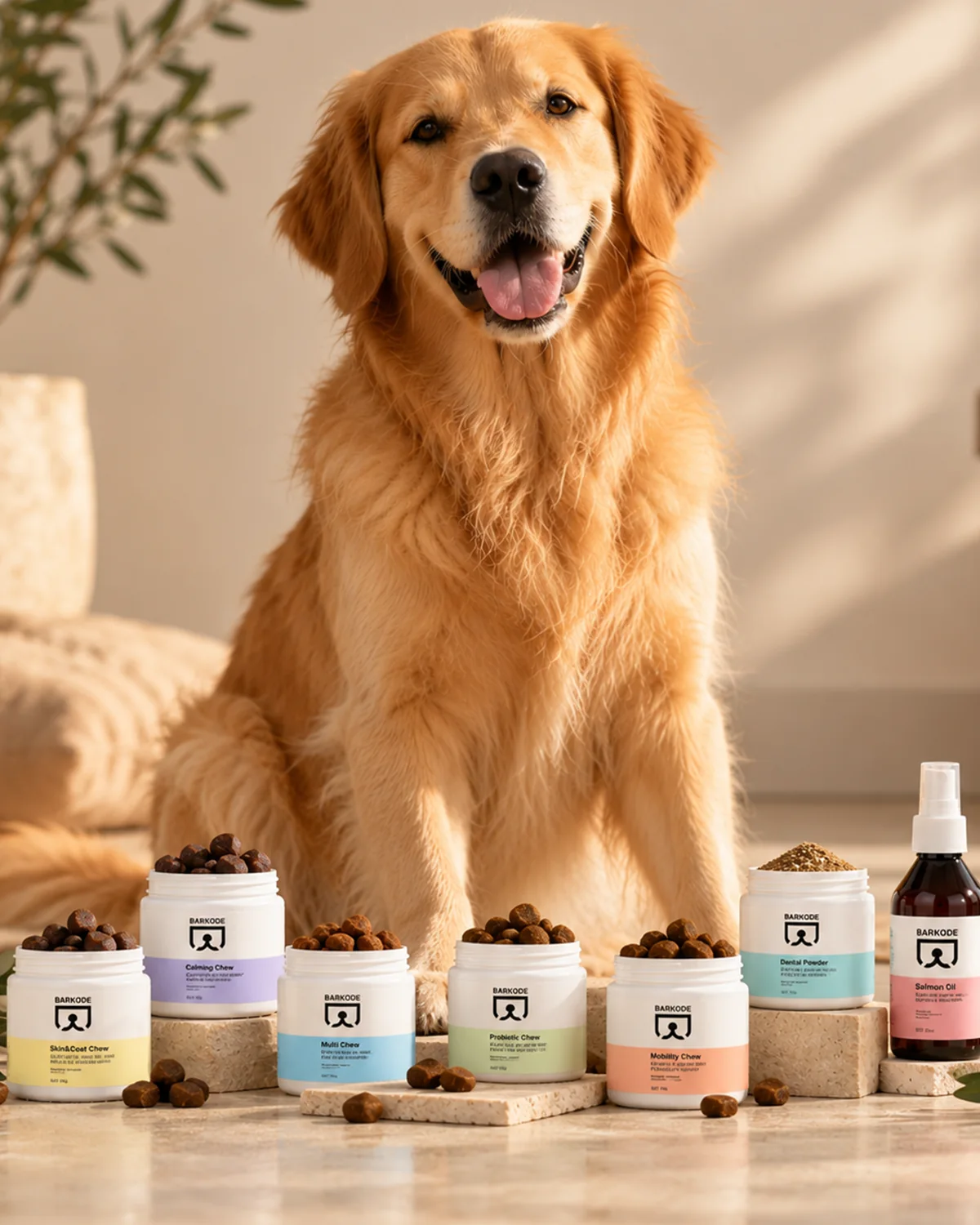 Golden retriever siedzi za całą gamą słoików Barkode