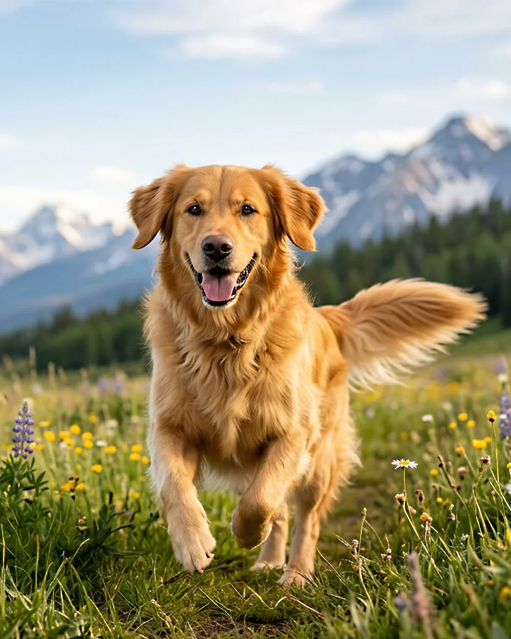 Golden retriever radośnie biegnie po górskiej łące
